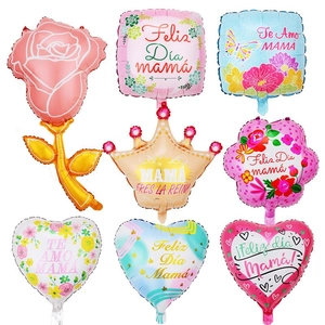Various Spanish Mother's Day foil balloons in heart, crown, and flower shapes