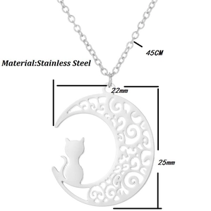 Silver stainless steel hollow moon and cat necklace with 45cm chain and 22mm pendant