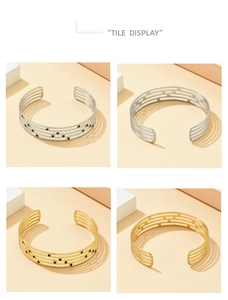 Grille détaillée montrant quatre bracelets joncs en acier inoxydable en finitions or et argent
