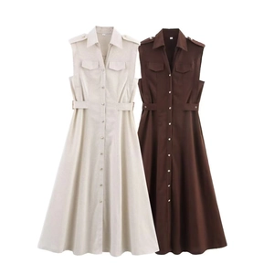 Abito Camicia Senza Maniche Donna Effetto Lino Colletto Revers Monopetto Vita Alta Linea A Elegante Abito Midi