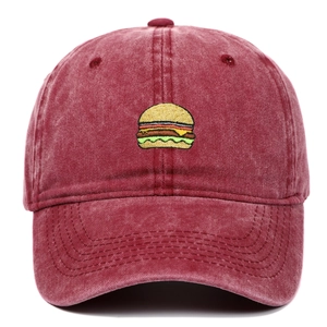 Vintage washed burgundy cotton baseball cap with embroidered burger design for street style