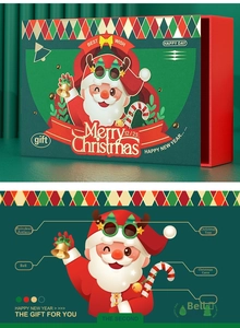 Detail view of Christmas gift box with 3D cartoon Santa Claus and reindeer antler decorations