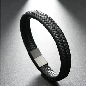Men's minimalist black braided leather bracelet featuring a sleek rectangular magnetic clasp