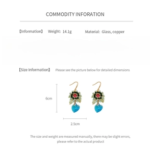 Infografica con specifiche degli orecchini: peso 14,1g, materiali in vetro e rame
