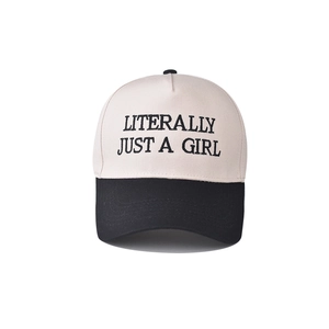 Detail view of cotton baseball cap with Literally Just A Girl embroidery and black visor