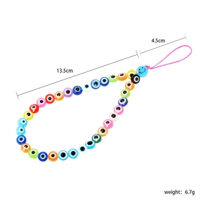 Detailed view of colorful evil eye beads and blue smiley face phone charm with dimensions
