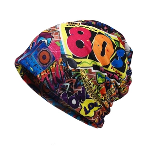 Graffiti printed beanie hat with colorful 80s pop art style patterns for men and women
