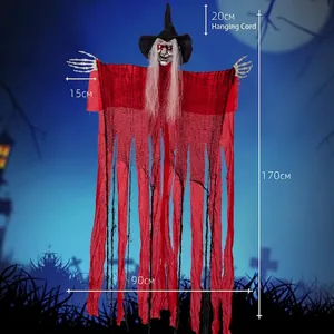 Halloween 170cm glowing witch prop with red robe and skeletal hands in graveyard