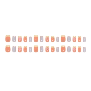 Floral French press-on nails with blue ombré, 3D pearls, and orange accent pieces