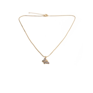 Golden butterfly necklace featuring colorful crystals on a fine chain with lobster clasp