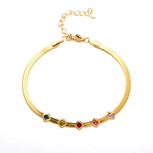 Gold evil eye bracelet with colorful zircon squares and snake chain for women