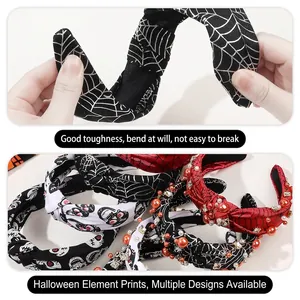Flexible Halloween headband with spider web skull prints and elegant orange pearls