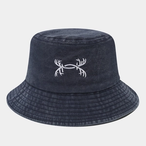 Washed dark gray denim bucket hat featuring white embroidered antlers for outdoor wear