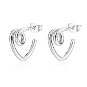 Minimalist silver swirl stainless steel stud earrings with butterfly backs on white surface