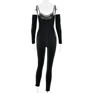 Detailed back view of a slim fit black bodysuit featuring lace patchwork and backless design
