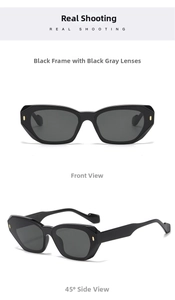 Detailed front and 45-degree angle views of black frame sunglasses with dark grey lenses