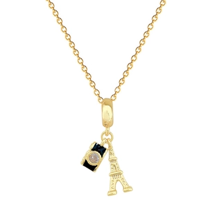 Titanium steel necklace featuring camera and Eiffel Tower charms with diamond accents