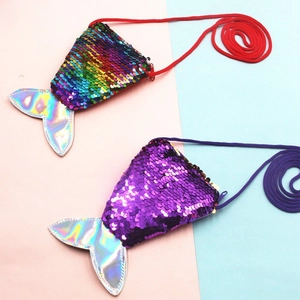Sparkly mermaid tail sequin crossbody coin purses for kids in rainbow and purple