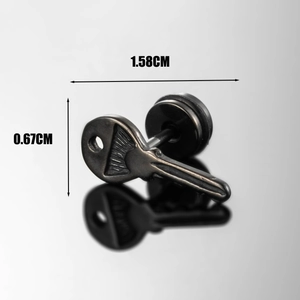 Unique black stainless steel key shaped stud earring with detailed vintage engraving