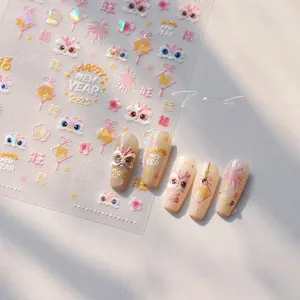 Detail of Lunar New Year nail stickers with lion dance and floral patterns on nails