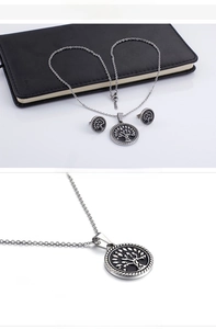 Detail of Tree of Life jewelry set featuring a pendant necklace and matching stud earrings
