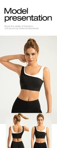 Detail of high-impact sports bra with black and white color-block one-shoulder design