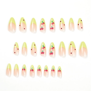 24pcs French almond press-on nails with yellow tips, cherry patterns and red rhinestones