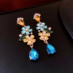 Luxurious floral tassel earrings with colorful rhinestones and water-drop pendants