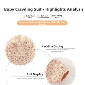 Detail of V-neckline and elastic cuffs on floral baby cotton gauze romper with sun hat