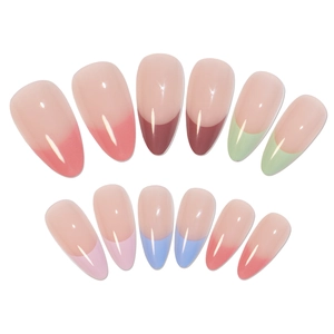 Rainbow gradient press on nails in elegant long almond shape with glossy finish