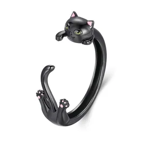Cute black cat open ring in S925 sterling silver with green eyes and pink ear details