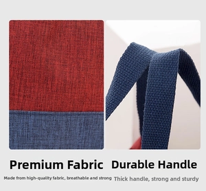 Detail of breathable canvas fabric and reinforced woven handles on lunch tote bag
