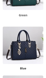 Detailed comparison of green and blue leather tote bags with geometric texture and charms