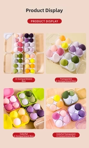 Detailed grid view of assorted makeup sponge set in transparent storage boxes