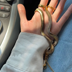 Close-up of a gold snake bone necklace chain held in hand with luxury car interior