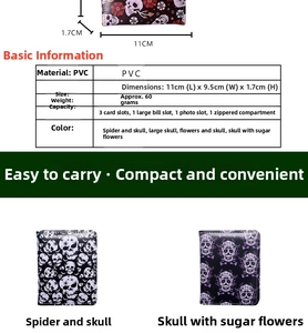 Detailed size specifications for skull print bifold wallet showing internal compartments