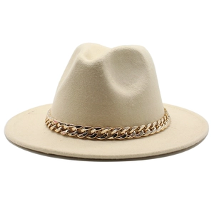 Elegant beige fedora hat with a wide brim and decorative gold chain accessory for women