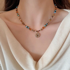 Sun Pendant Necklace Colorful Natural Stone Beads Stainless Steel Bohemian Ethnic Vintage Neck Jewelry For Women