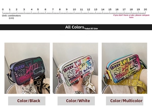 Detail view of colorful graffiti camera bags in black and white with wide straps
