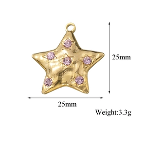 Detailed view of a 25mm gold star pendant with pink rhinestones and weight info