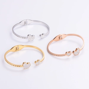Adjustable heart-shaped bangles with white zircon diamonds in gold, rose gold and silver