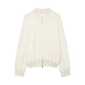 Detail of off-white zip-up jacket collar with size label and ribbed neckline texture