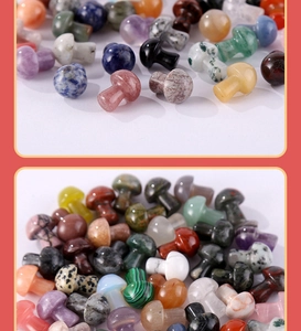 Detailed view of mushroom-shaped natural gemstones in various colorful crystal textures