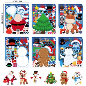 Detail of 6 Christmas DIY sticker sets showing 14x17cm parts and finished cartoon crafts