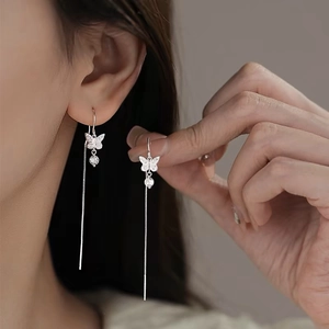 Elegant S925 sterling silver bowknot long tassel earrings with sparkling rhinestones for women