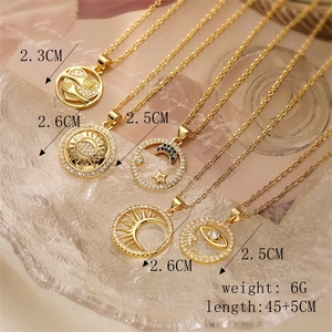 Detail showing various gold pendants with dimensions and length specifications for necklaces