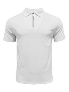 Detail of white men's polo shirt featuring a modern silver zipper collar and sleek texture
