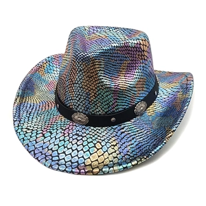 Rainbow metallic cowboy hat with snakeskin texture and studded faux leather band