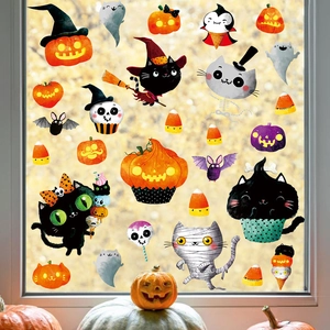 Cartoon Halloween pumpkin and ghost PVC stickers on a window with autumn background