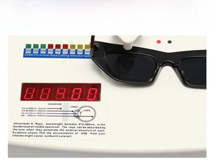Detail of UV400 test showing black cat eye sunglasses protection level on a digital meter